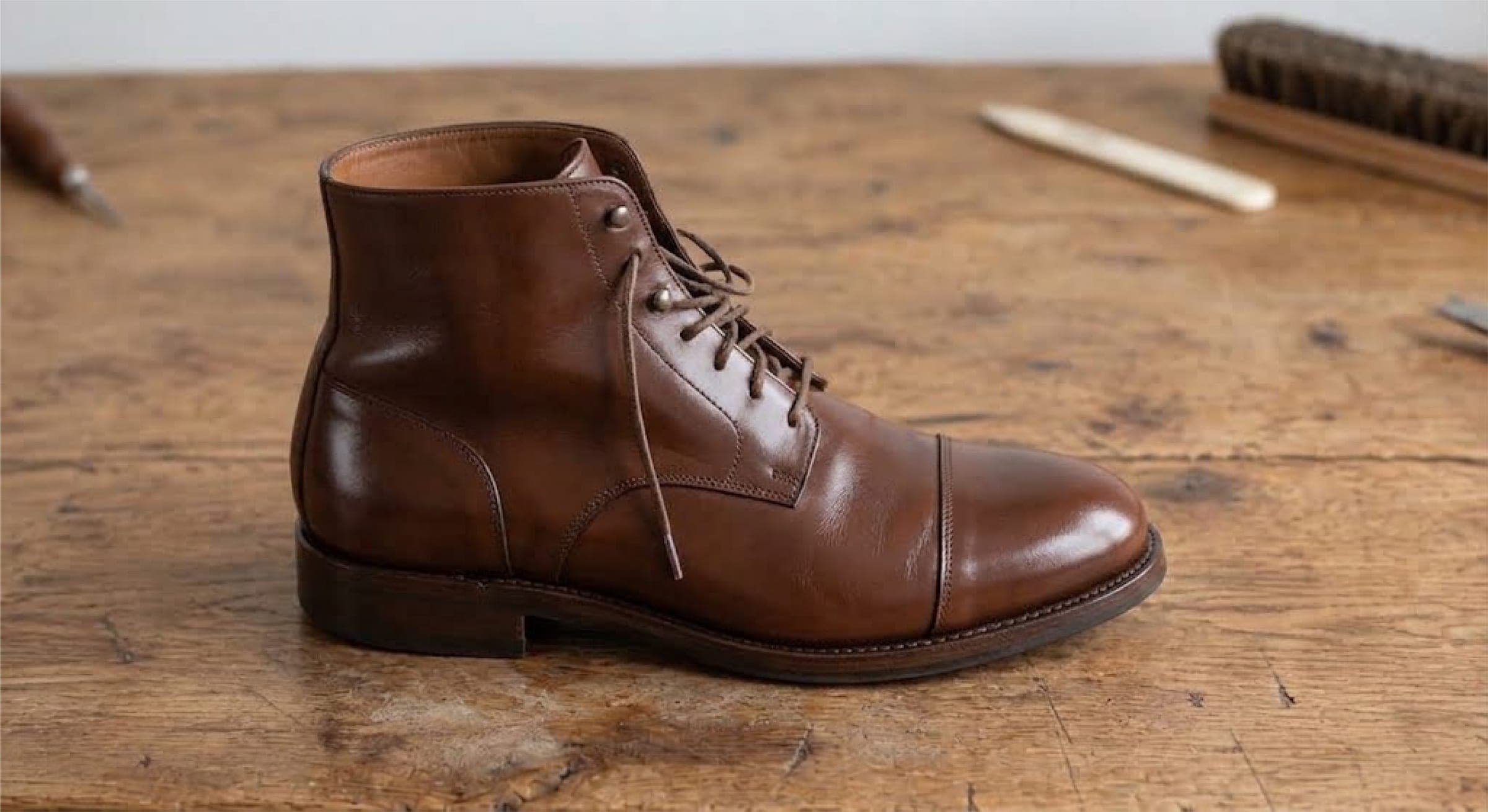 Brown leather boot after cleaning with DMD Leather Wipes, polished and shiny