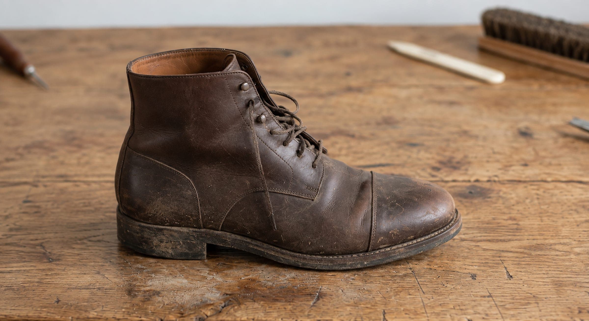 The same brown leather boot before cleaning, dusty and scuffed